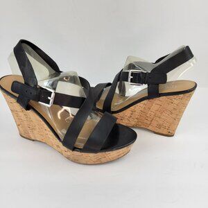 Franco Sarto Black Leather Cork Wedge Sandals Size 9.5